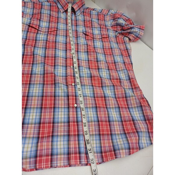 Wrangler American Cowboys Pearl Snaps Shirt Plaid Red Blue Short Sleeve XL - Picture 6 of 9